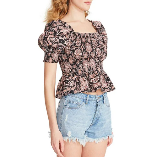 Travel Blogger Batik Floral Print Square Neck Short Puff Sleeve Smocked Peplum Top in Black