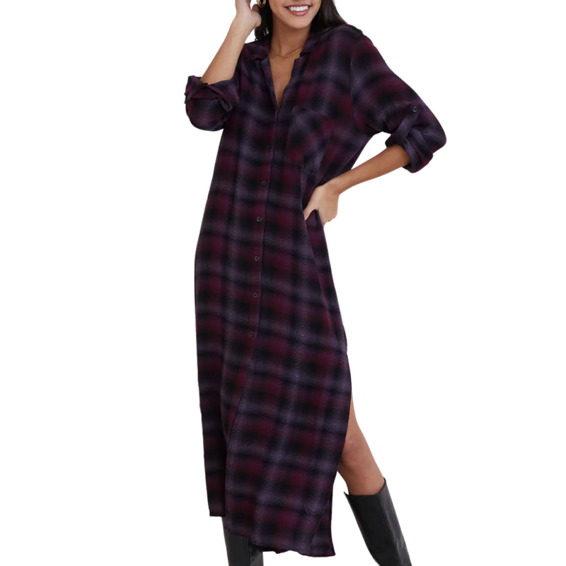 Mayfield Rolled Sleeve Duster Dress in Boysenberry Plaid