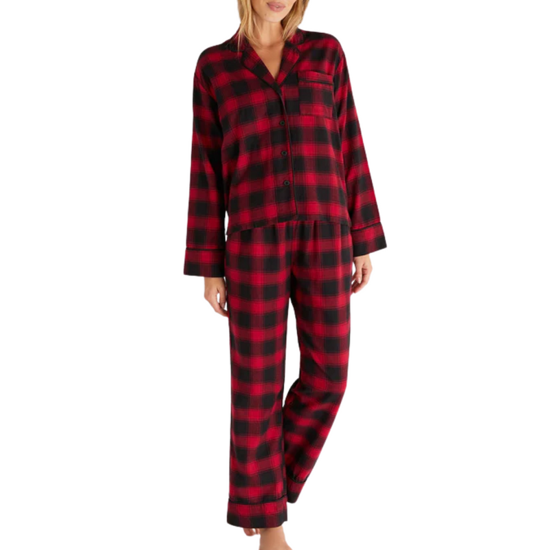 Sleep All Day Check PJ Set in Berry Red