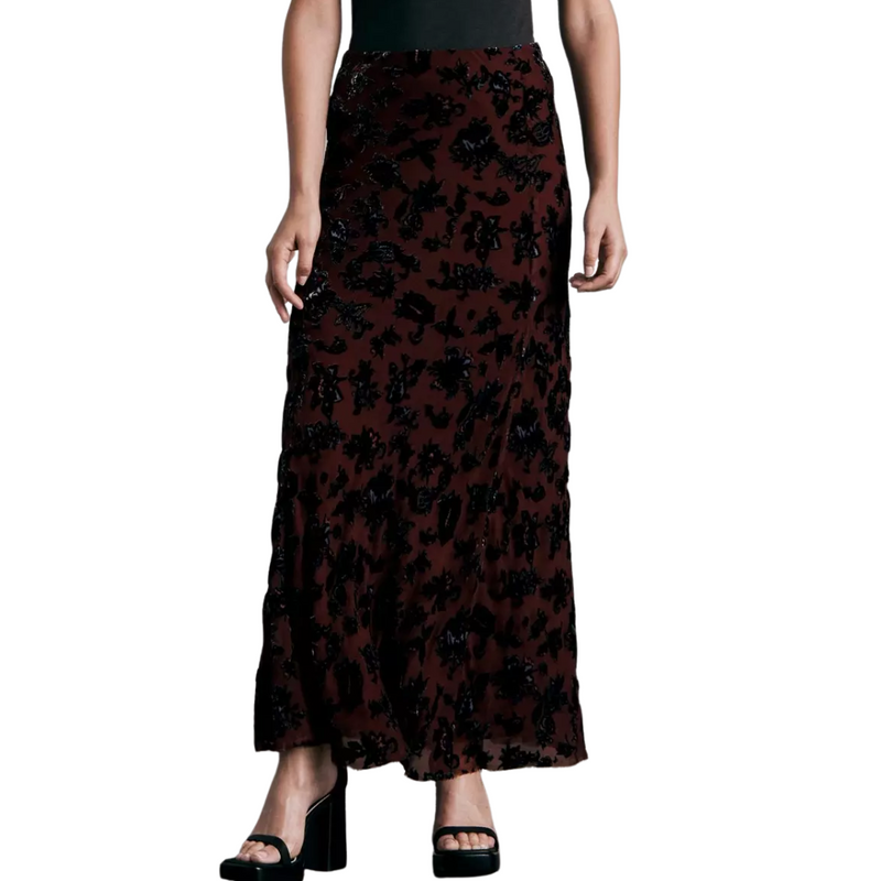 Eden Velvet Burnout Skirt in Burgundy Retro Floral 