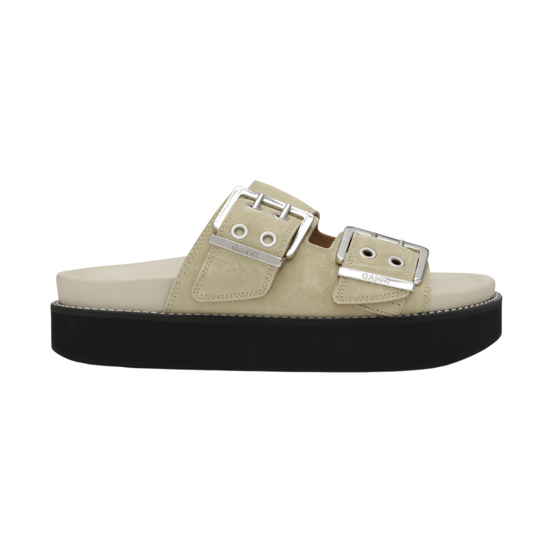 Wide Welt Chunky Buckle Flat Sandal Suede in Pale Khaki 