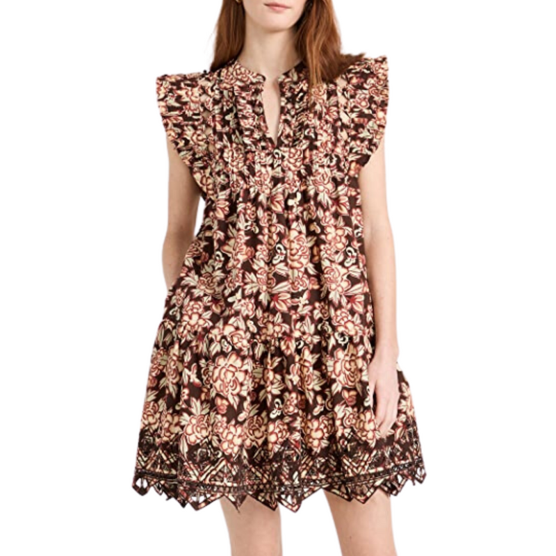 Emelia Print Flutter Sleeve Dress in Brown