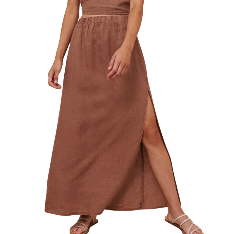 High Waist Linen Maxi Skirt in Terracotta Brown