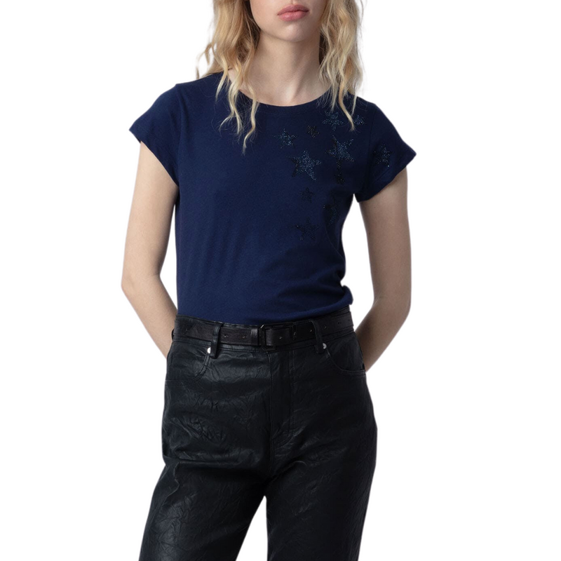 Skinny Stars Diamanté T-Shirt in Marine