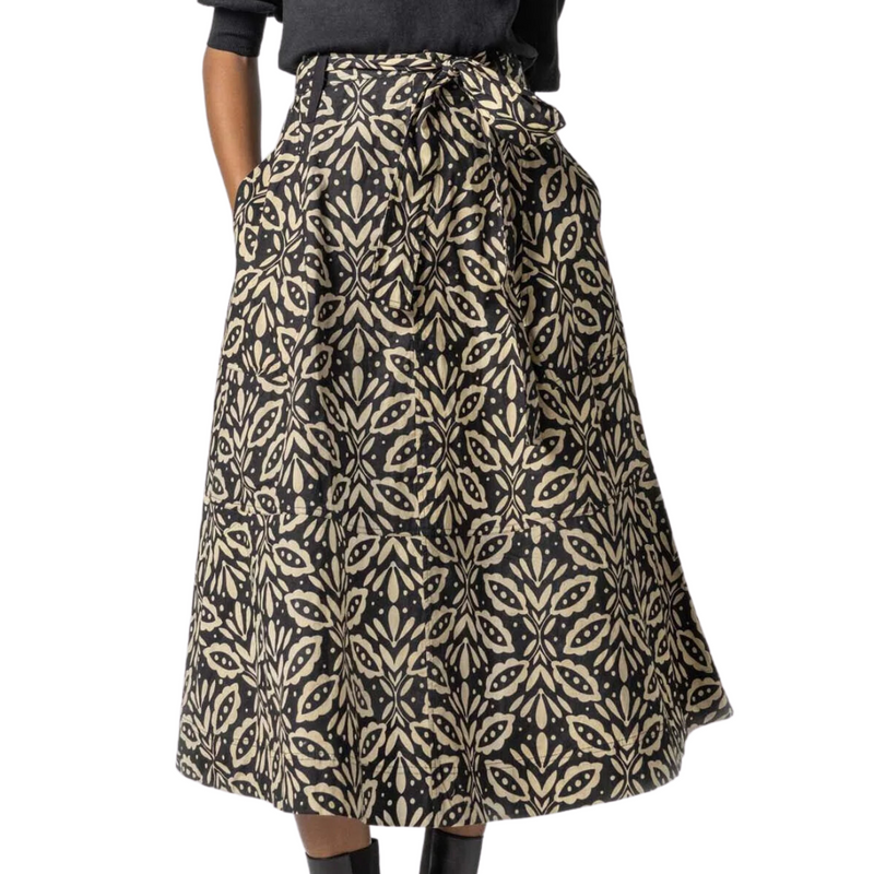 Belted Skirt in Khaki Motif 