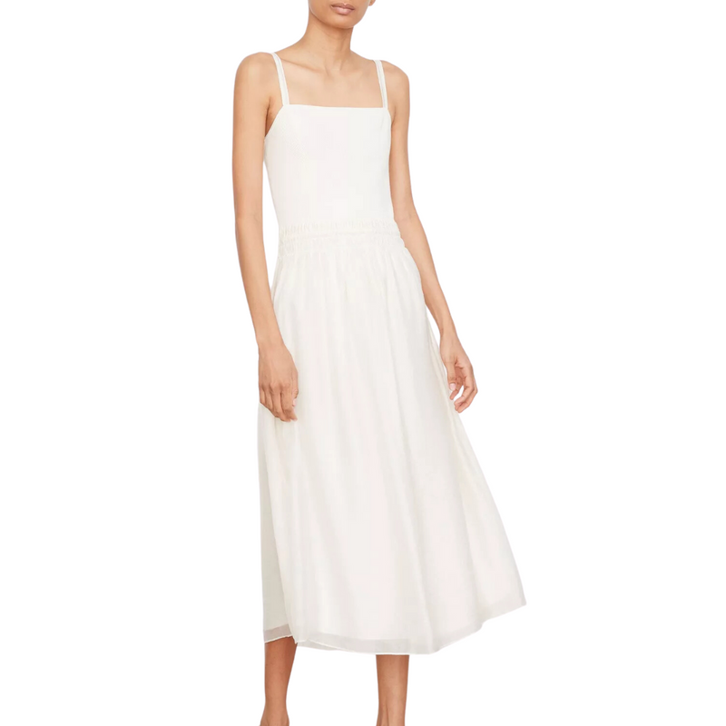 Smocked Mixed-Media Camisole Dress in Off White