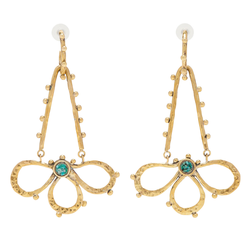 Hammered Chain Hoop Flower Drop Earring in Turquoise