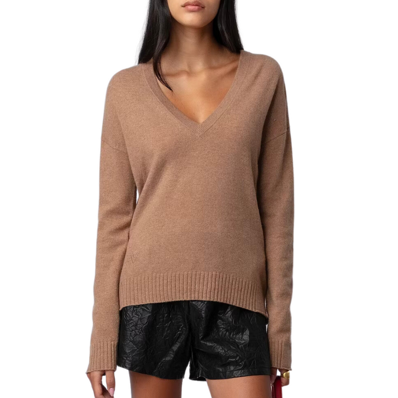 Vivi Patch Cashmere Sweater in Camel 	