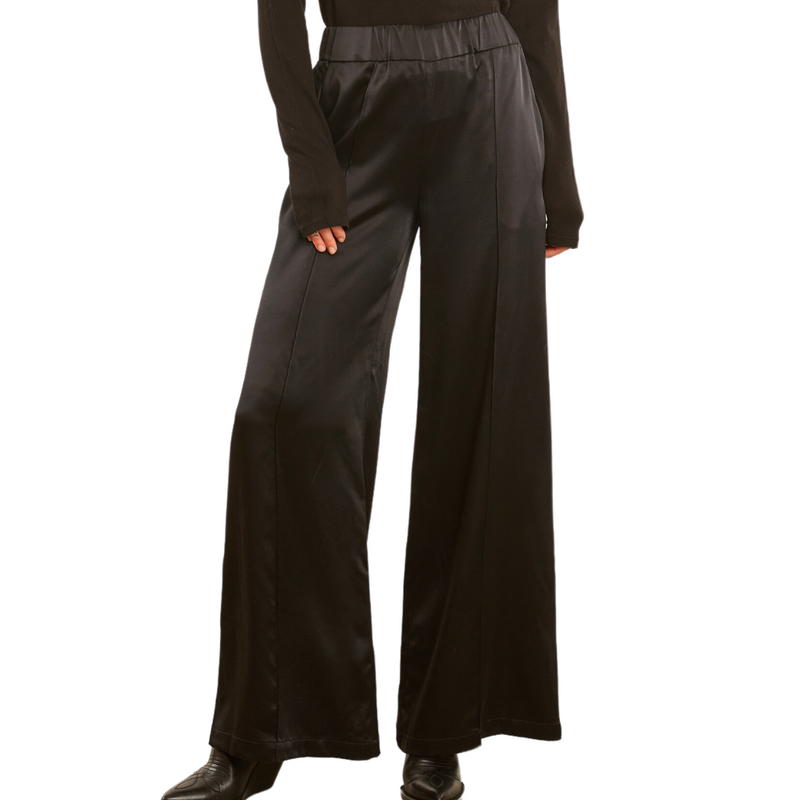 Silk Wide Leg Pintuck Pants in Black