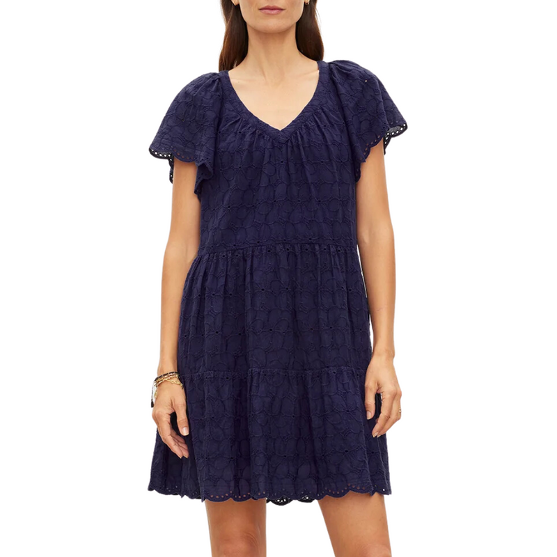 Wynette Embroidered Cotton Dress in Navy