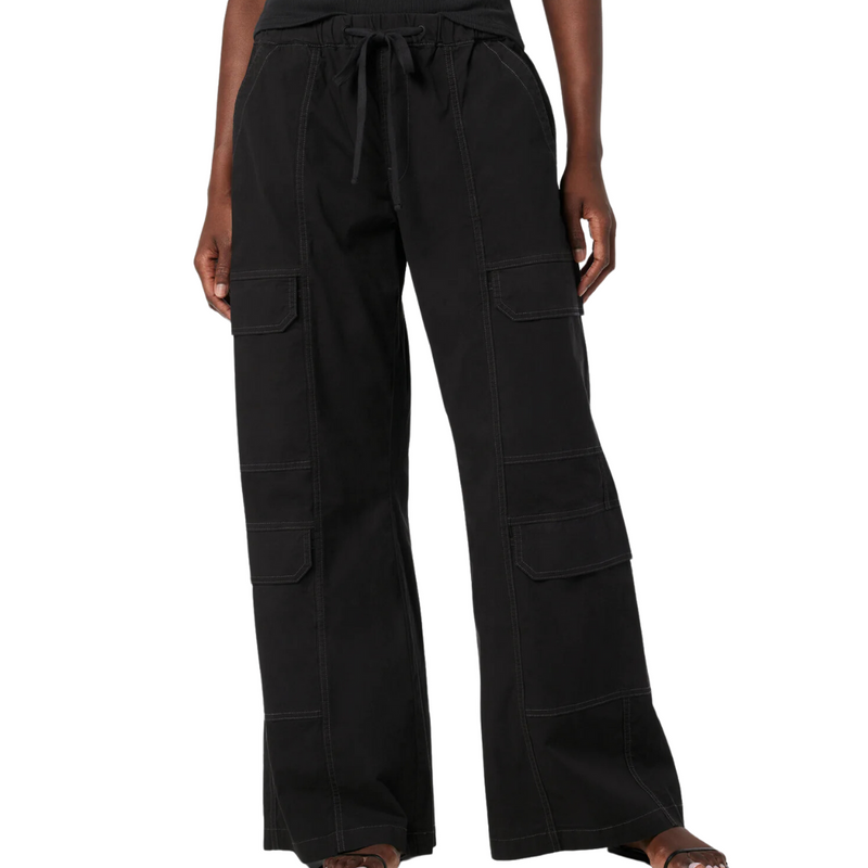 Drawstring Parachute Wide Leg Cargo Pant in Black