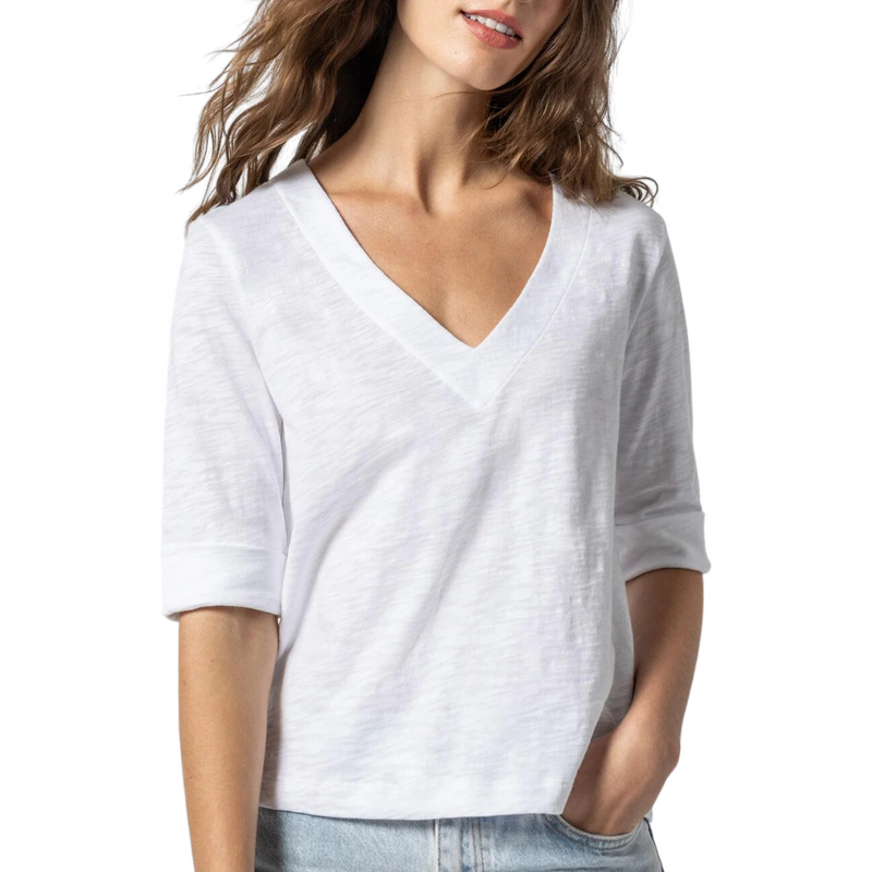 Cuffed Elbow Sleeve V-Neck in White