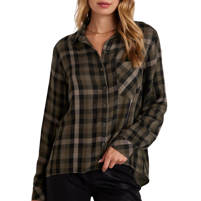 Slouchy Pocket Button Down in Olive Plaid