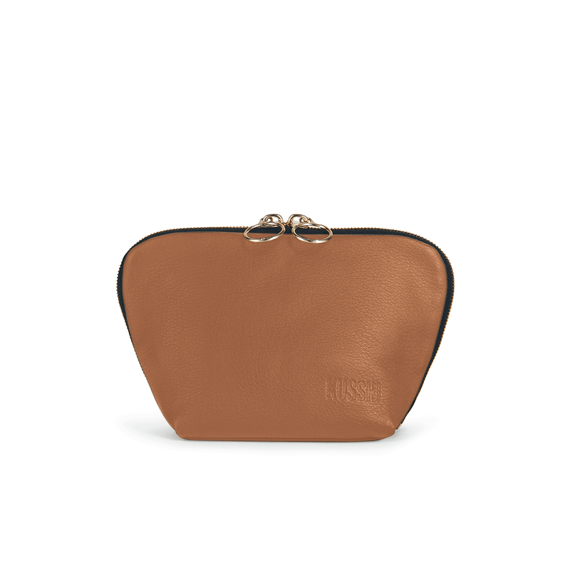 Small Everyday Leather Makeup Bag in Camel/Red