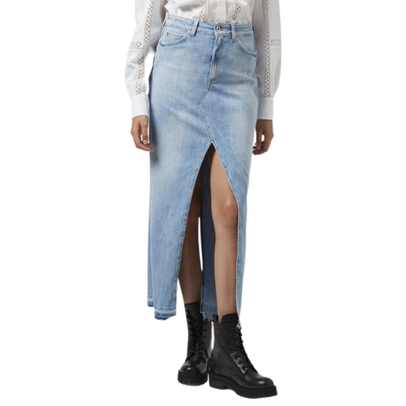 Mid-Rise Long Denim Skirt with Front and Back Slits