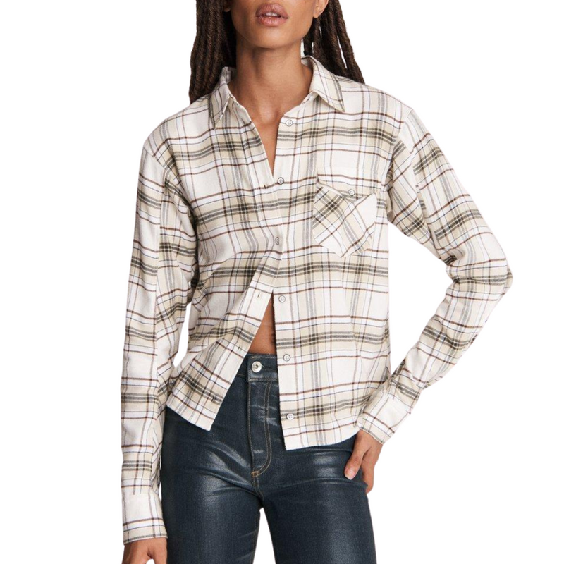 Jonah Cotton Cropped Plaid Shirt in Beige Multi