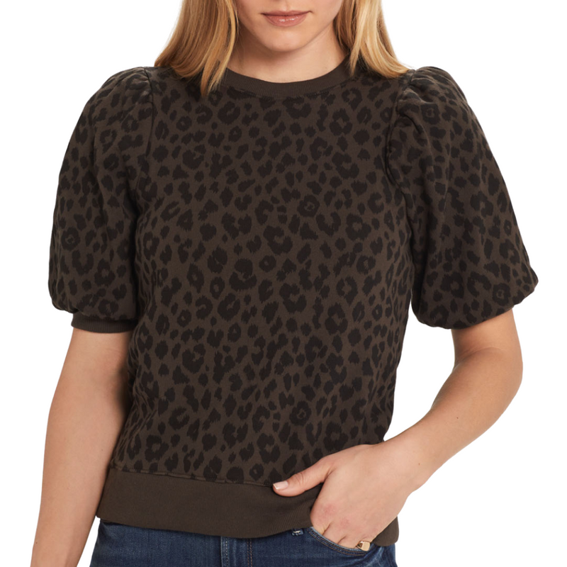 French Terry Leopard Print Puff Sleeve Top in Olive Leopard