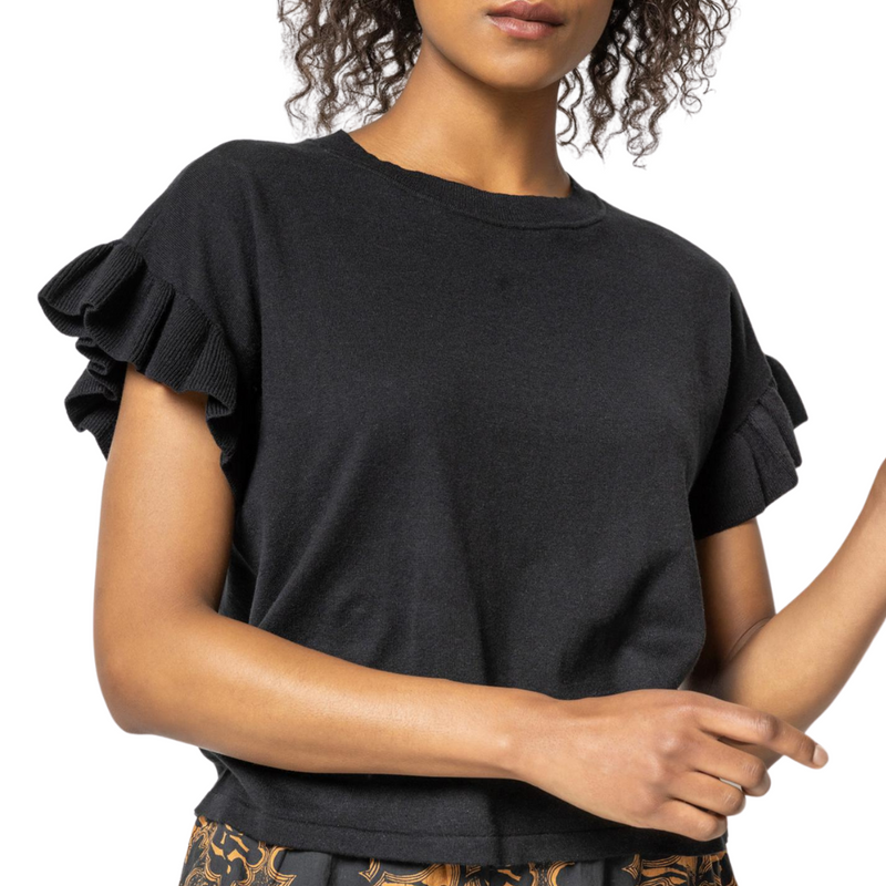 Ruffle Sleeve Crew Neck Sweater in Black