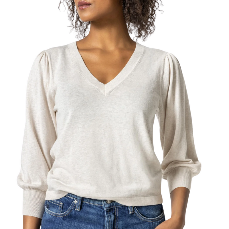 3/4 Puff Sleeve V-Neck in Oat