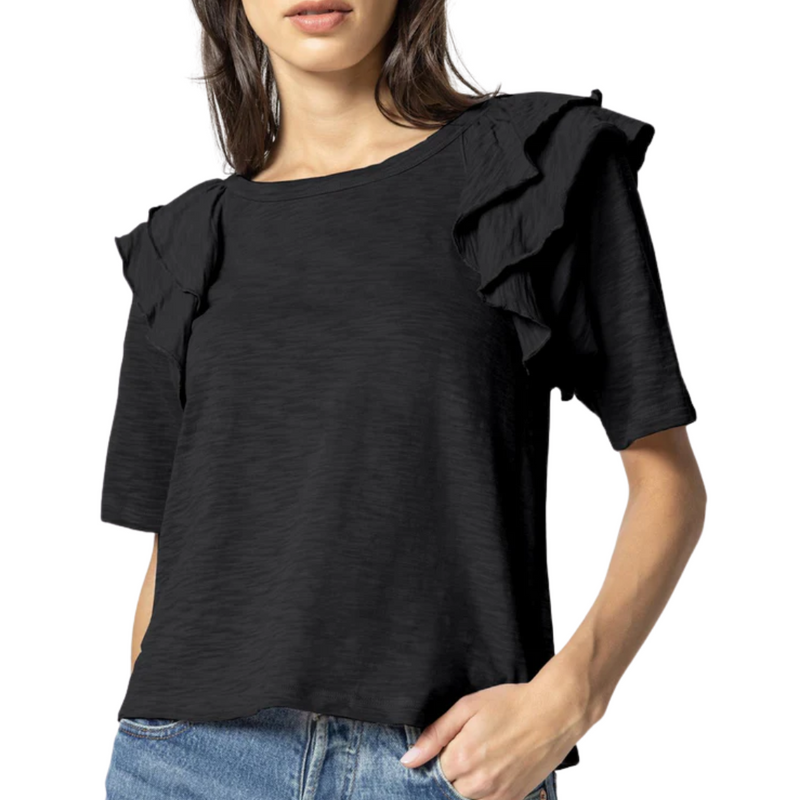 Elbow Sleeve Ruffle Crewneck in Black