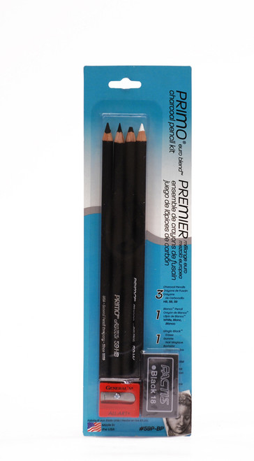 447089, Primo Euro Blend Charcoal Pencil, Set of 4/ Plus Sharpener & Eraser