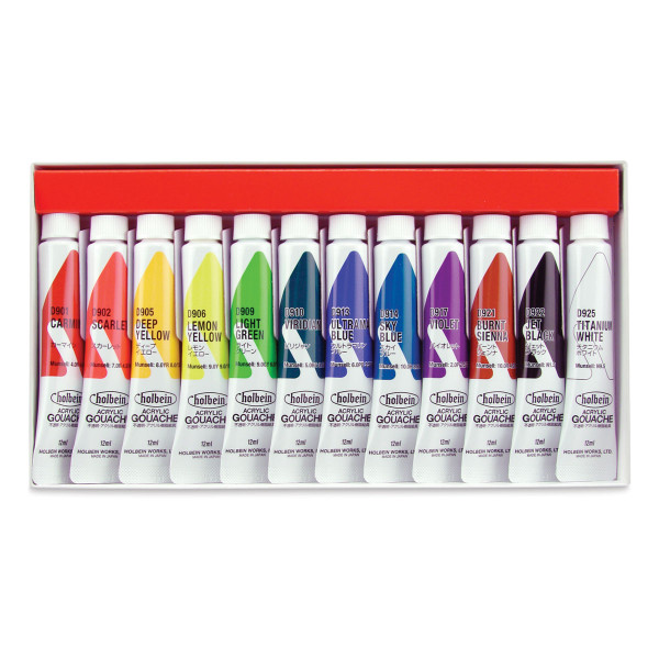 376899, Holbein Acrylic Gouache Set, 12 Color School Set (12 ml Tubes)