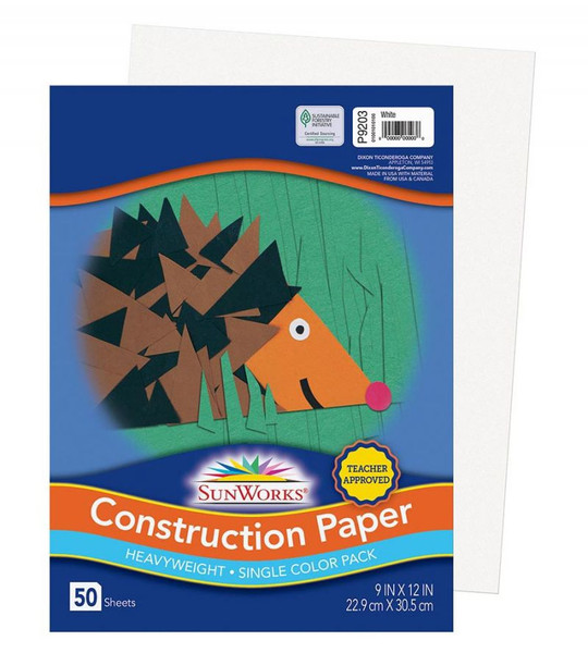 341308, Sun Works Construction Paper, White, 9"x12", 50 Sheets
