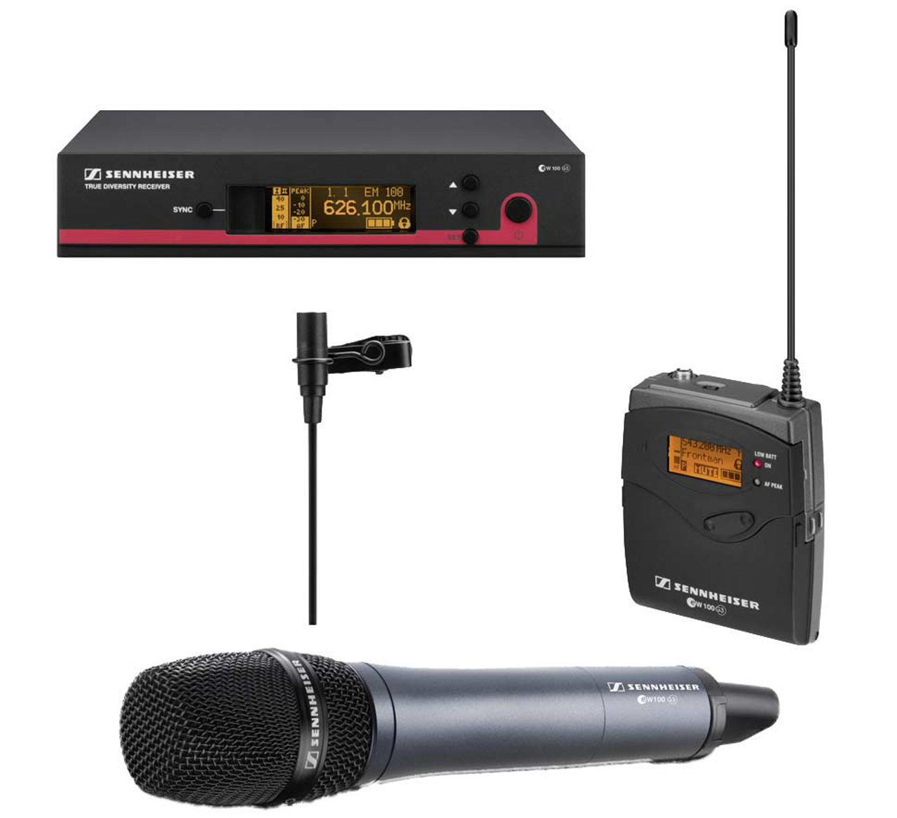 Sennheiser ew 112 G3 (SK100 G3 bodypack, ME 2 omni lavalier, EM100 G3  receiver) with GA3 rack-mount kit and SKM100-835 G3 handheld. (518-558  MHz), EW112CC835G3-A