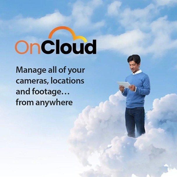 Hanwha Oncloud marketing image with a man standing on a cloud looking at a device