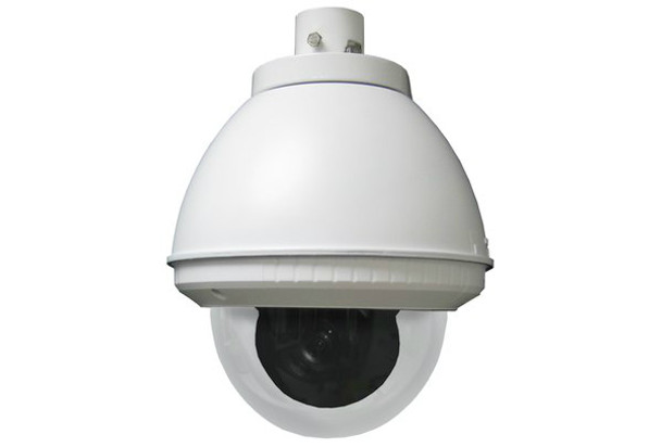 Sony Outdoor unitized SNC-EP550 camera with heater/blower, pendant mount with clear lower dome, UNI-ONEP550C2