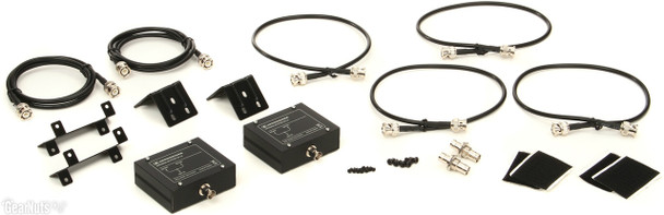 Sennheiser Two-channel rack-mount kit mounts two EM 10 receivers side-by-side in a 19-inch rack, includes rack-mount adapters, BNC cables, antenna front-mount adapters, two 1:2 antenna splitters and mounting material, GAM2