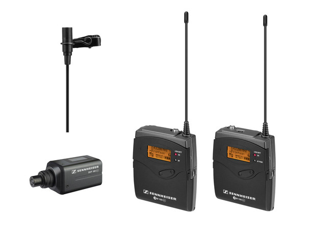 Sennheiser SK100 G3 bodypack, ME2 omni lavalier, SKP100 G3 plug-on for dynamic mics and EK100 G3 portable receiver, with 1/8" and XLR unbalanced output cables and camera mount.  (626-668 MHz), EW100ENGG3-B