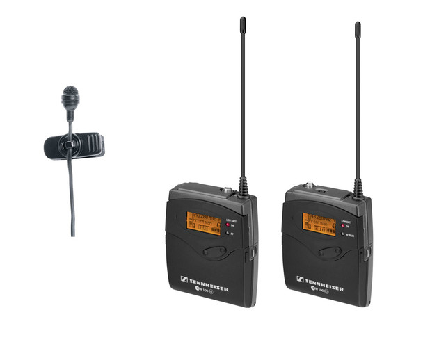 Sennheiser SK100 G3 bodypack transmitter, ME4 cardioid lavalier, EK100 portable receiver with CI1 1/8" and CL100 XLR unbalanced output cables, CA2 camera mount.   (566-608 MHz), EW122PG3-G