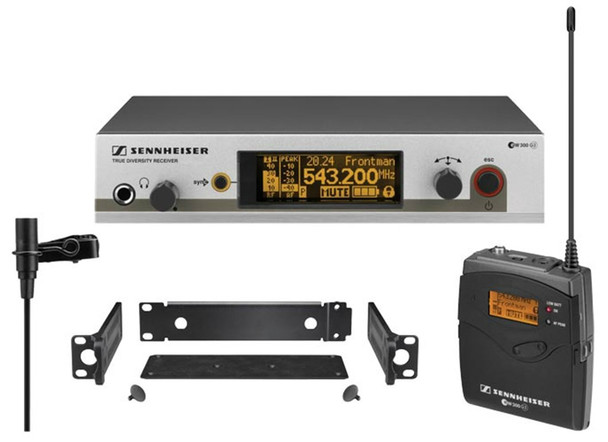 Sennheiser SK300 G3 bodypack transmitter, ME2 omni lavalier and EM300 G3 rack-mountable diversity receiver with GA3 rack-mount kit.  (566-608 MHz), EW312G3-G