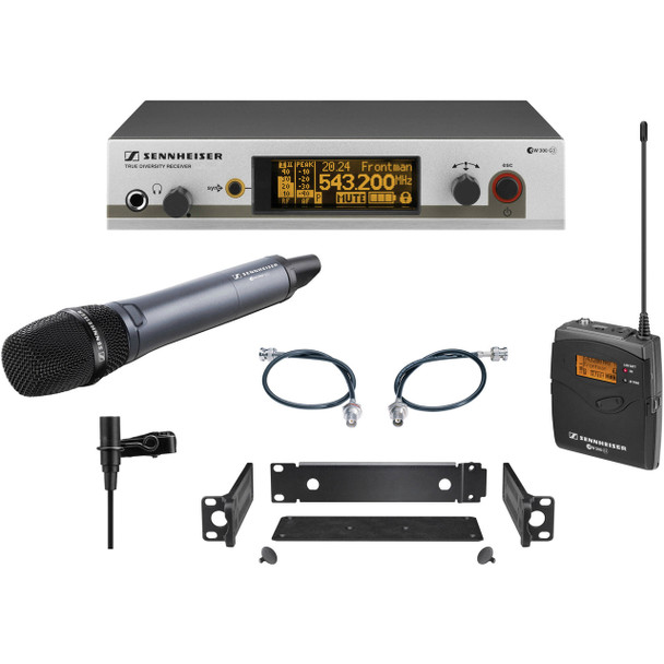 Sennheiser SKM300 G3 handheld with e845 supercardioid dynamic capsule, EM300 G3 receiver, GA3 rack-mount kit, SK300 G3 bodypack, ME2 omni lavalier and AM2. (516-558 MHz), EW312/345G3-A