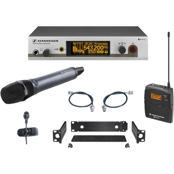 Sennheiser SKM300 G3 handheld with e835 cardioid dynamic capsule, EM300 G3 receiver, GA3 rack-mount kit, SK300 G3 bodypack, ME4 cardioid lavalier and AM2. (626-668 MHz), EW322/335G3-B