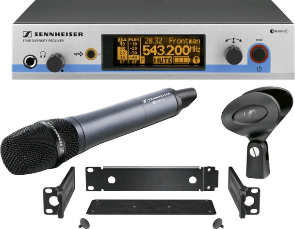 Sennheiser SKM500 G3 handheld transmitter with e945 supercardioid dynamic capsule and EM500 G3 rack-mountable diversity receiver with GA3 rack mount kit. (516-558 MHz), EW500-945G3-A