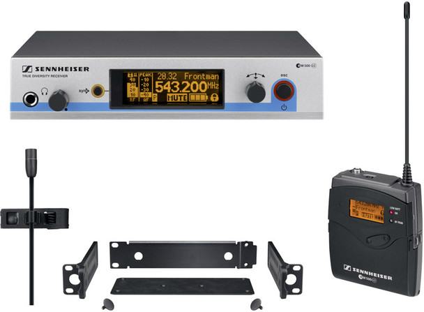 Sennheiser SK500 G3 bodypack transmitter, MKE2-ew Gold omni lavalier (black) and EM500 G3 rack-mountable diversity receiver with GA3 rack-mount kit. (566-608 MHz), EW512G3-G