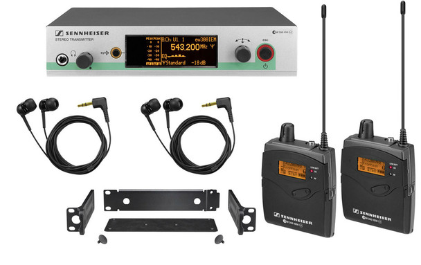 Sennheiser (2) EK300 IEM G3 bodypack receivers, (2) IE4 earbuds, (1) SR300 G3 rack-mountable stereo transmitter with GA3 rack kit. (518-558 MHz), EW300-2IEMG3-A