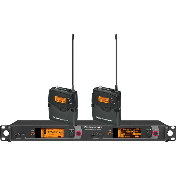 Sennheiser Dual Channel Bodypack System: (2) SK 2000XP bodypack transmitters; (1) EM 2050 dual channel recevier.  Frequency range Gw (558 / 626 MHz), 2000BP2-G