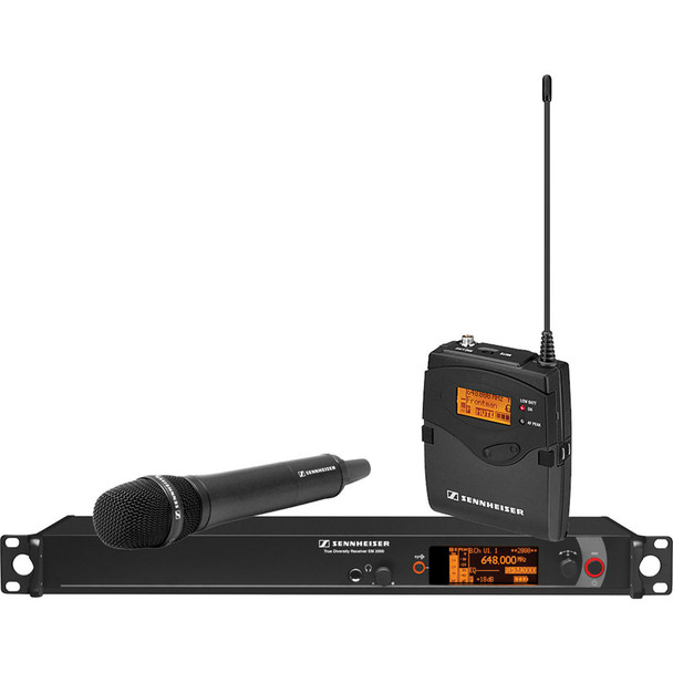 Sennheiser Single Channel Contractor System: (1) SK 2000XP bodypack, (1) SKM 2000XP handheld with MMD 835-1 capsule, black; (1) EM 2000 single channel recevier.  Frequency range Bw (626 / 698 MHz), 2000C1-835BK-B