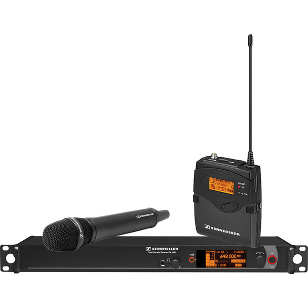 Sennheiser Single Channel Contractor System: (1) SK 2000XP bodypack, (1) SKM 2000XP handheld with MMD 835-1 capsule, black; (1) EM 2000 single channel recevier.  Frequency range Gw (558 / 626 MHz), 2000C1-835BK-G