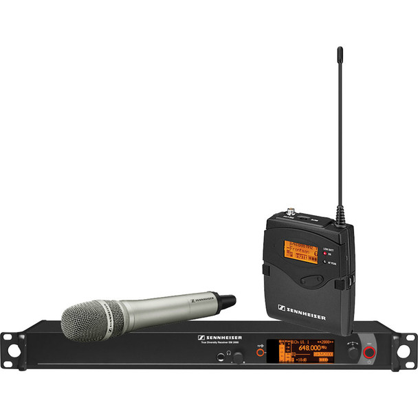 Sennheiser Single Channel Contractor System: (1) SK 2000XP bodypack, (1) SKM 2000XP handheld with MMK 965-1 capsule, nickel; (1) EM 2000 single channel recevier.  Frequency range Gw (558 / 626 MHz), 2000C1-965NI-G