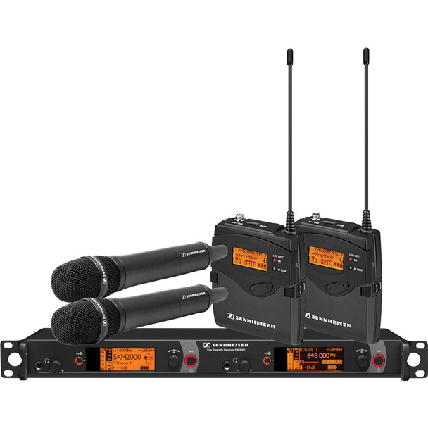 Sennheiser Dual Channel Contractor System: (2) SK 2000XP bodypacks, (2) SKM 2000XP handhelds with MME 865-1 capsules, black; (1) EM 2050 dual channel recevier.  Frequency range Gw (558 / 626 MHz), 2000C2-865BK-G