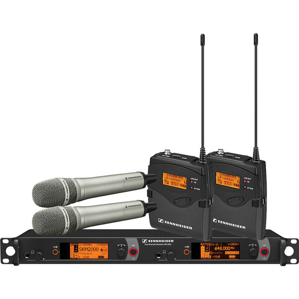 Sennheiser Dual Channel Contractor System: (2) SK 2000XP bodypacks, (2) SKM 2000XP handhelds with MMK 965-1 capsules, nickel; (1) EM 2050 dual channel recevier  Frequency range Aw (516 / 558 MHz), 2000C2-965NI-A