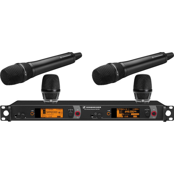 Sennheiser Dual Channel Handheld System: (2) SKM 2000XP handheld transmitters with KK 204 Cardioid capsules, black; (1) EM 2050 dual channel recevier.  Frequency range Bw (626 / 698 MHz), 2000H2-204BK-B