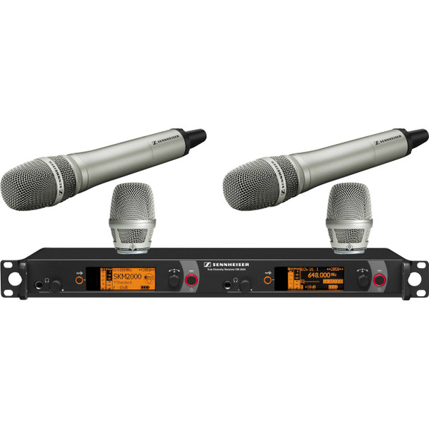 Sennheiser Dual Channel Handheld System: (2) SKM 2000XP handheld transmitters with KK 204 Cardioid capsules, nickel; (1) EM 2050 dual channel recevier. Frequency range Gw (558 / 626 MHz), 2000H2-204NI-G