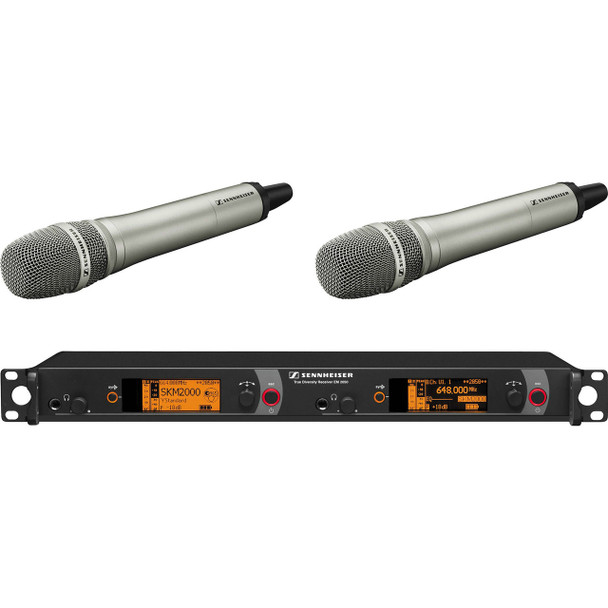 Sennheiser Dual Channel Handheld System: (2) SKM 2000XP handheld transmitters with KK 205 Supercardioid capsules, nickel; (1) EM 2050 dual channel recevier. Frequency range Aw (516 / 558 MHz), 2000H2-205NI-A