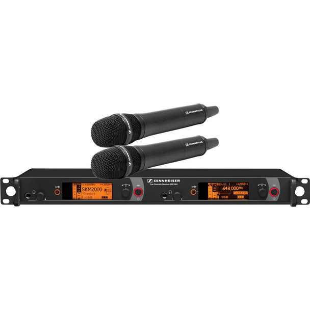 Sennheiser Dual Channel Handheld System: (2) SKM 2000XP handheld transmitters with MME 865-1 polarized condenser capsules, black; (1) EM 2050 dual channel recevier.  Frequency range Aw (516 / 558 MHz), 2000H2-865BK-A