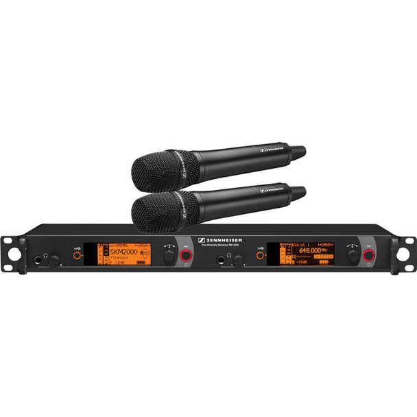 Sennheiser Dual Channel Handheld System: (2) SKM 2000XP handheld transmitters with MMD 945-1 dynamic capsules, black; (1) EM 2050 dual channel recevier.  Frequency range Aw (516 / 558 MHz), 2000H2-945BK-A